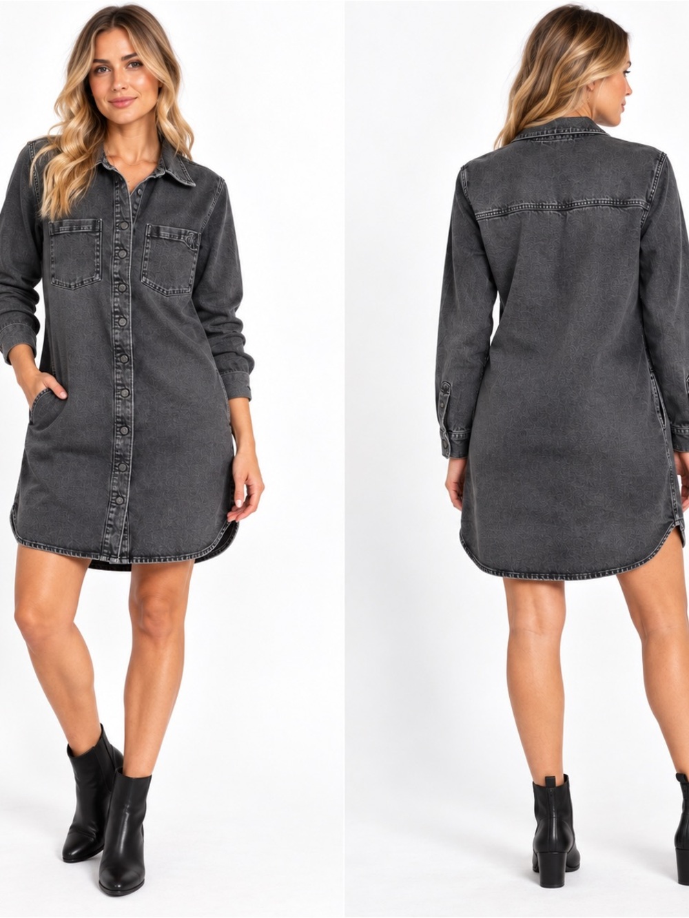Calvin Klein Jeans Black Wash Denim Button Front Shirt Dress M